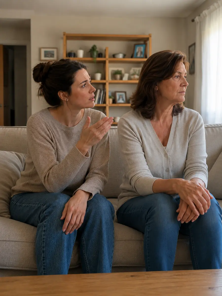 Imagen que representa un conflicto entre una hija adulta y su madre narcisista o emocionalmente inmadura